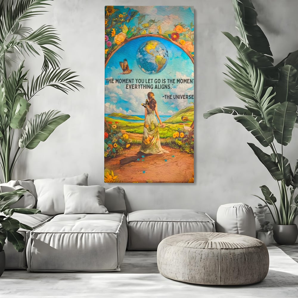 Tablou canvas cu tablou canvas cu femeie pe poteca si glob pamantesc, fara rama, pe sasiu de lemn, pe perete intr-un living